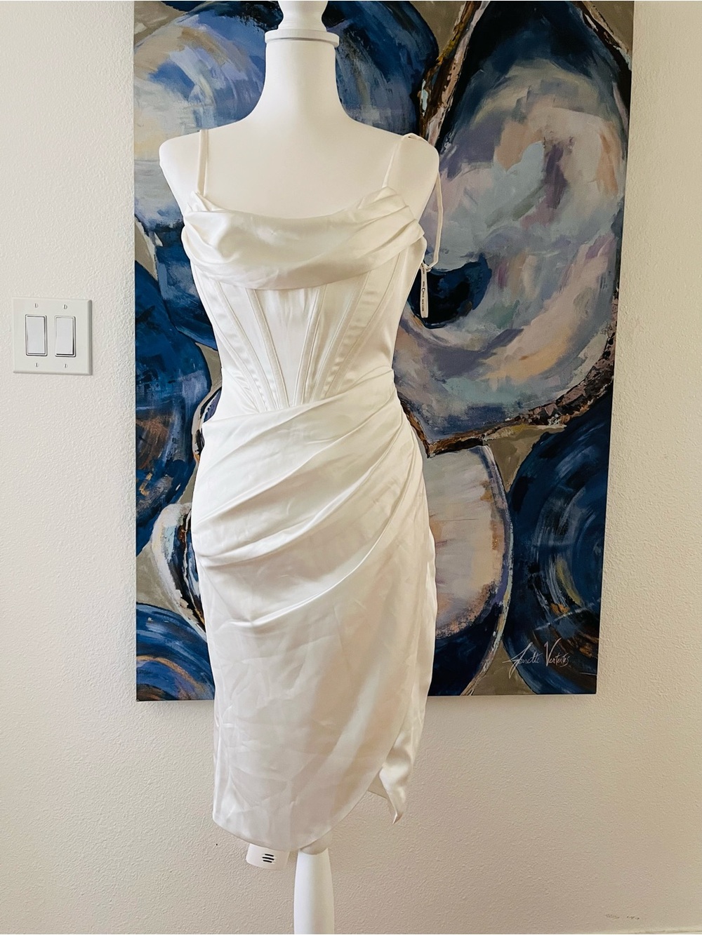 Sculpted Ivory Satin Midi Dress with Corset Detailing